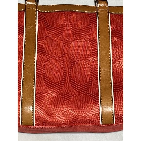 Coach Signature Gallery Tote Bag Coral & Brown Leather Trim Zip Travel F13560 - Picture 8 of 16